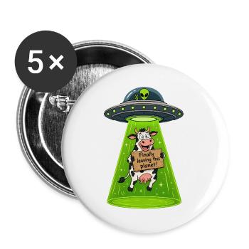 UFO Kuh: Endlich Verlassen Diesen Planeten - Buttons groß 56 mm (5er Pack) - Weiß - Vorne