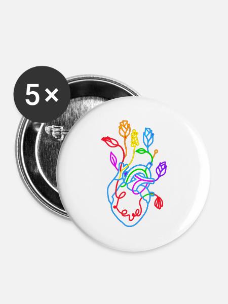 Blumenliebhaber, buntes botanisches Herz - Buttons groß 56 mm (5er Pack) - Weiß