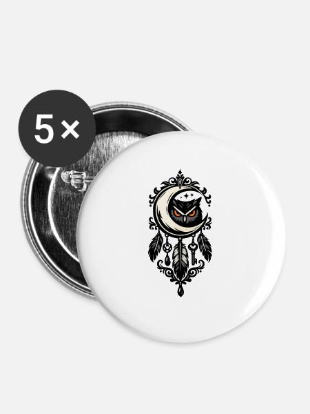 Mond- und Eulenornament - Buttons groß 56 mm (5er Pack) - Weiß