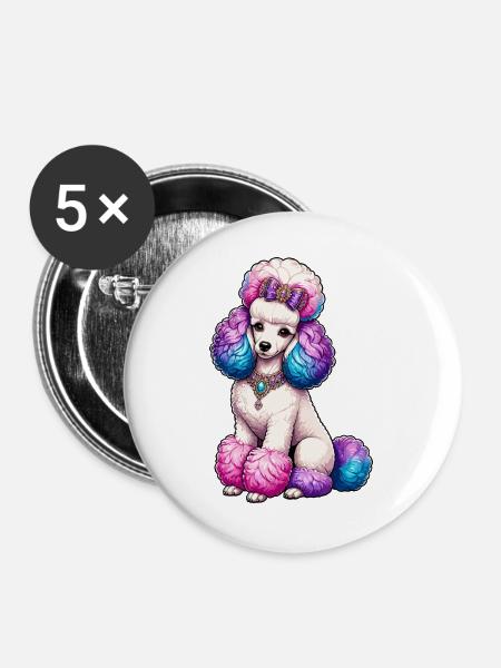 Bunter Pudel mit Schmuck Illustration - Buttons groß 56 mm (5er Pack) - Weiß