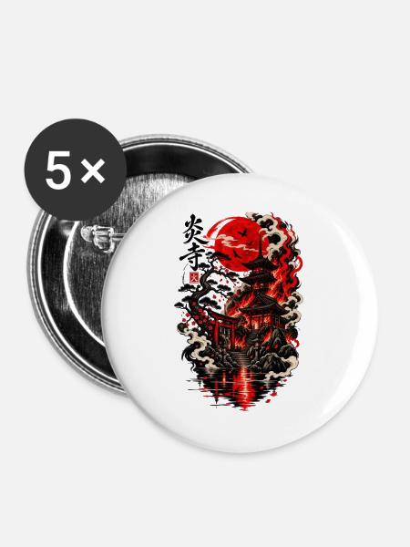 Roter Mond über Pagode im Zen-Garten - Buttons groß 56 mm (5er Pack) - Weiß