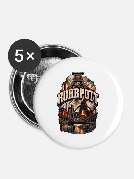 Ruhrpott – Zeche, Stahl und Industriekultur - Buttons groß 56 mm (5er Pack) - Weiß