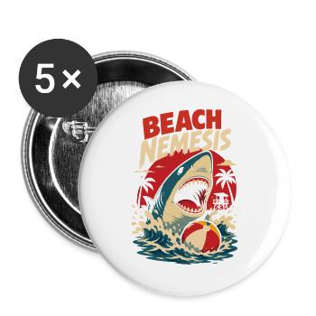 Beach Nemesis – Hai am Strand Retro Sommermotiv - Buttons groß 56 mm (5er Pack) - Weiß - Vorne