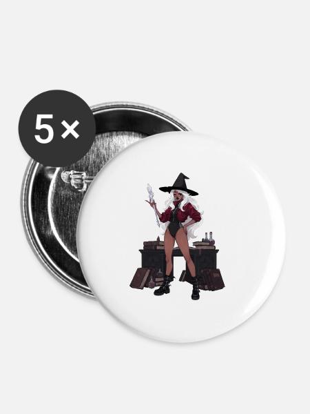 Dunkle Hexe mit Zauberstab - Buttons groß 56 mm (5er Pack) - Weiß