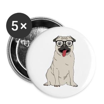 Lustiger Mops mit großer Nerd-Brille - Buttons groß 56 mm (5er Pack) - Weiß - Vorne