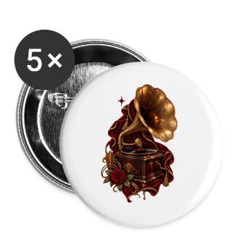 Vintage Grammophon mit roter Rose - Buttons groß 56 mm (5er Pack) - Weiß - Vorne