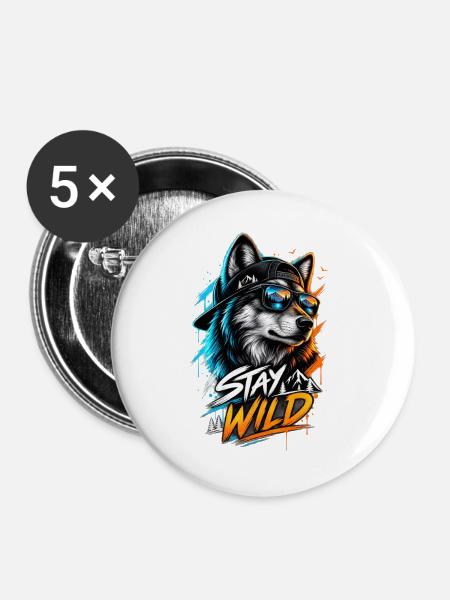Stay Wild Wolf mit Sonnenbrille - Buttons groß 56 mm (5er Pack) - Weiß