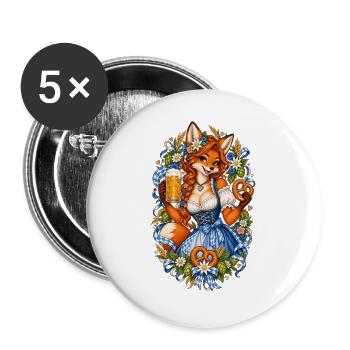Füchsin im Dirndl mit Bier und Brezel - Buttons groß 56 mm (5er Pack) - Weiß - Vorne