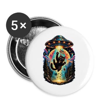 Schwarze Katzen-UFO-Entführung Vintage Retro-T-Shirt - Buttons groß 56 mm (5er Pack) - Weiß - Vorne