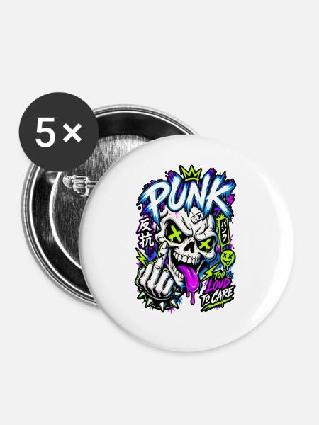 Neon Punk Schädel Grafik - Buttons groß 56 mm (5er Pack) - Weiß