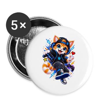 Gaming Katze – Gamer Cat - Buttons groß 56 mm (5er Pack) - Weiß - Vorne