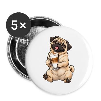 Süßer Mops mit Latte Macchiato - Buttons groß 56 mm (5er Pack) - Weiß - Vorne