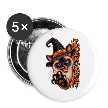 Siamkatze Hexenhut Trick or Treat Halloween - Buttons groß 56 mm (5er Pack) - Weiß - Vorne