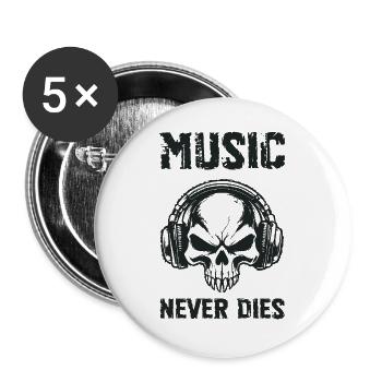 Musik stirbt nie, Totenkopfhörer, Grunge (Schwarz) - Buttons groß 56 mm (5er Pack) - Weiß - Vorne