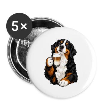 Berner Sennenhund mit Latte Macchiato - Buttons groß 56 mm (5er Pack) - Weiß - Vorne