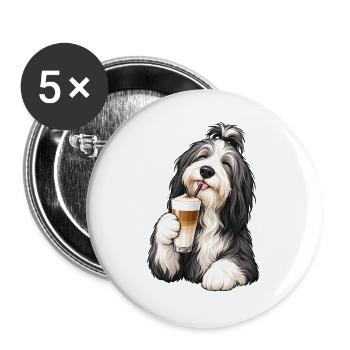 Bearded Collie mit Latte Macchiato - Buttons groß 56 mm (5er Pack) - Weiß - Vorne