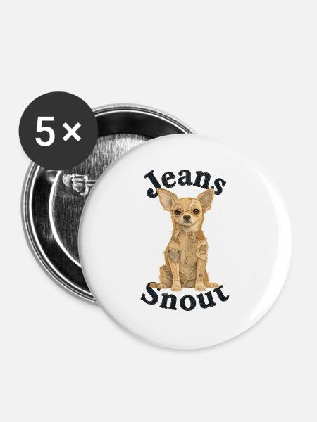 Beiger Kurzhaar-Chihuahua im Jeans-Flicken-Stil - Buttons groß 56 mm (5er Pack) - Weiß