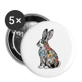 Florales Tattoo-Häschenmotiv - Buttons groß 56 mm (5er Pack) - Weiß - Vorne