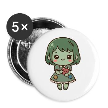 Süßes Kawaii-Zombie-Mädchen hält ein gesticktes Herz - Buttons groß 56 mm (5er Pack) - Weiß - Vorne