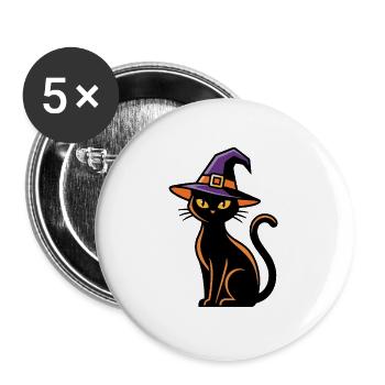 Schwarze Katze trägt zu Halloween einen lila Hexenhut - Buttons groß 56 mm (5er Pack) - Weiß - Vorne