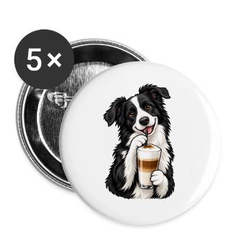 Border Collie mit Latte Macchiato - Buttons groß 56 mm (5er Pack) - Weiß - Vorne