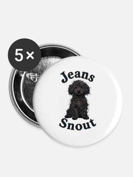 Schwarzer Toypudel im Jeansflicken-Stil - Buttons groß 56 mm (5er Pack) - Weiß