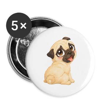 Mops - Süßes helles Mopsbaby mit kleinen Pfötchen - Buttons groß 56 mm (5er Pack) - Weiß - Vorne