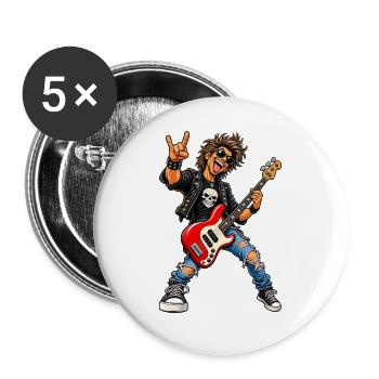 Rocker mit Skull-Tee und roter Bass - Buttons groß 56 mm (5er Pack) - Weiß - Vorne