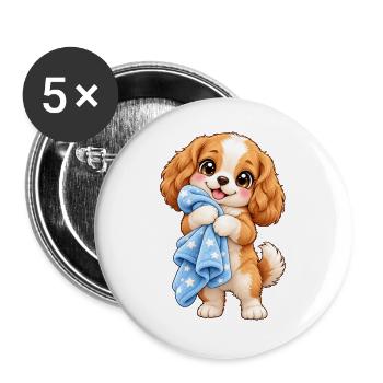 Kawaii-Hund mit seiner Decke - Buttons groß 56 mm (5er Pack) - Weiß - Vorne