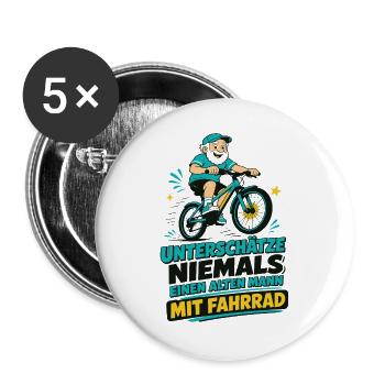 Unterschätze NIEMALS alten Mann mit Fahrrad - Buttons groß 56 mm (5er Pack) - Weiß - Vorne