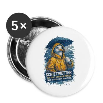 Möwe im Friesennerz - Schietwetter Spruch - Buttons groß 56 mm (5er Pack) - Weiß - Vorne