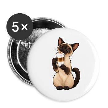 Siamkatze mit Latte Macchiato – Kaffee & Katze - Buttons groß 56 mm (5er Pack) - Weiß - Vorne