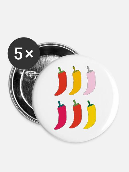 Farbenfrohe Chili Popart - Buttons groß 56 mm (5er Pack) - Weiß