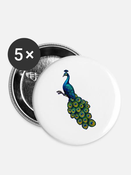 pfauen hahn in Edelblau, vögel, - Buttons groß 56 mm (5er Pack) - Weiß