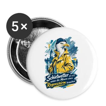 Lustige Möwe im Friesennerz Schietwetter - Buttons groß 56 mm (5er Pack) - Weiß - Vorne