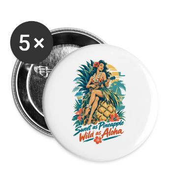 Hula Girl & Ananas – Sweet & Wild Hawaii - Buttons groß 56 mm (5er Pack) - Weiß - Vorne