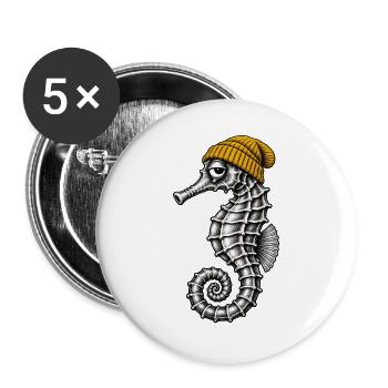 Seepferdchen mit gelber Mütze - Buttons groß 56 mm (5er Pack) - Weiß - Vorne