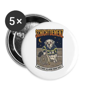 Schichtdemenz Feuerwehr – Welcher Alarm war das? - Buttons groß 56 mm (5er Pack) - Weiß - Vorne