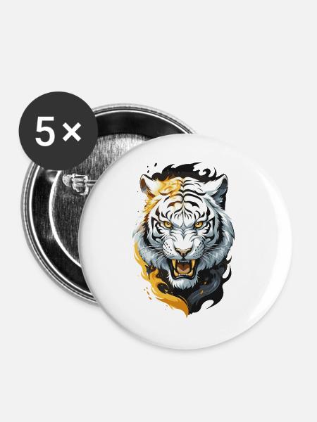 Flammen-Tiger Weißer Krieger - Buttons groß 56 mm (5er Pack) - Weiß
