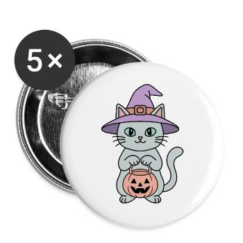 Kürbis-Halloween-Hexenkatze - Buttons groß 56 mm (5er Pack) - Weiß - Vorne