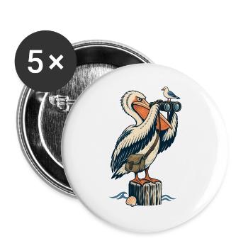 Pelikan mit Fernglas – Maritimes Küstenmotiv - Buttons groß 56 mm (5er Pack) - Weiß - Vorne