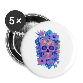 Halloween Sugar Skull Sugarskull blau - Buttons groß 56 mm (5er Pack) - Weiß - Vorne