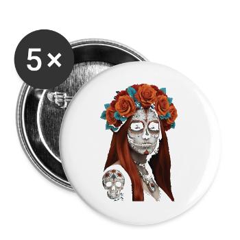Blumen Zucker Schädel Porträt - Buttons groß 56 mm (5er Pack) - Weiß - Vorne