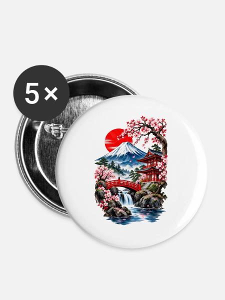 Fuji-Landschaft und Kirschbäume - Buttons groß 56 mm (5er Pack) - Weiß