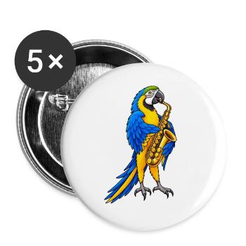 Ara spielt Saxophon – Buntes Musikmotiv - Buttons groß 56 mm (5er Pack) - Weiß - Vorne