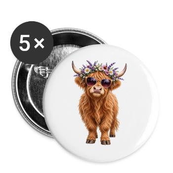 Highland Cow, Schottisches Rind, Hochland Rind - Buttons groß 56 mm (5er Pack) - Weiß - Vorne