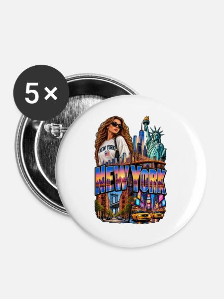 Neon NY Skyline Stil - Buttons groß 56 mm (5er Pack) - Weiß