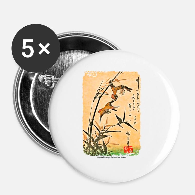 Utagawa Hiroshige Sparrows and Bamboo - Buttons large 2.2''/56 mm (5-pack) - white