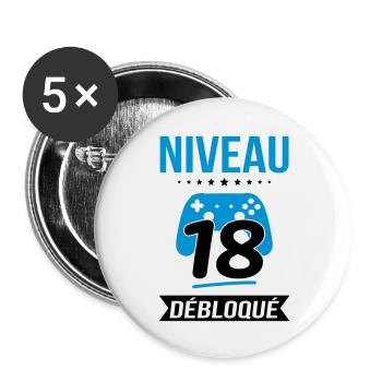 Anniversaire 18 ans - Niveau 18 débloqué - Gamer - Lot de 5 grands badges (56 mm) - blanc - Devant