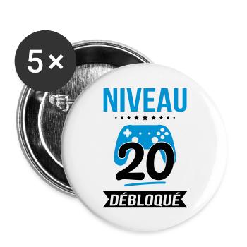 Anniversaire 20 ans - Niveau 20 débloqué - Gamer - Lot de 5 grands badges (56 mm) - blanc - Devant